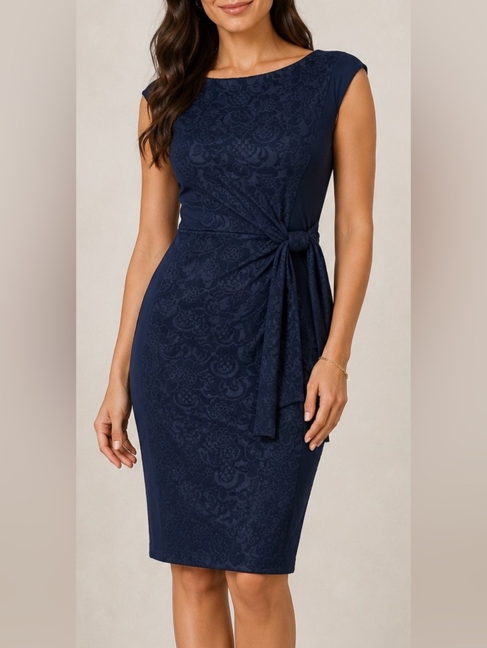 Emma & Michele Navy Jacquard Tie-Waist Midi Dress